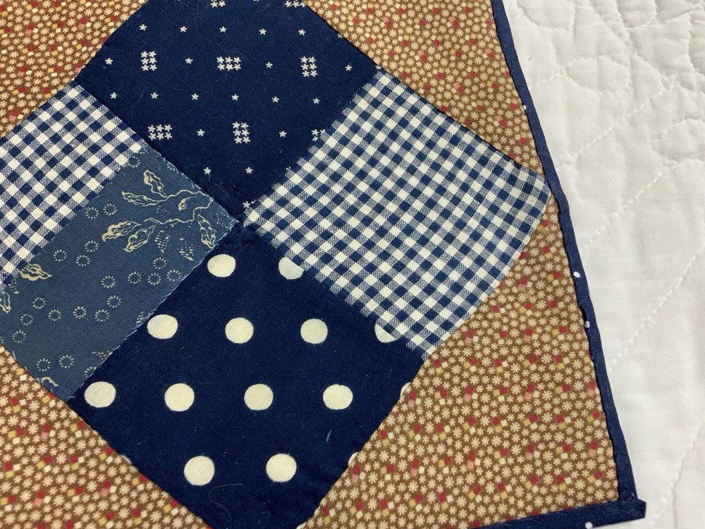 Antique Patchwork Quilt Table Topper, Four Patch, Early Calicos, Brown, Navy