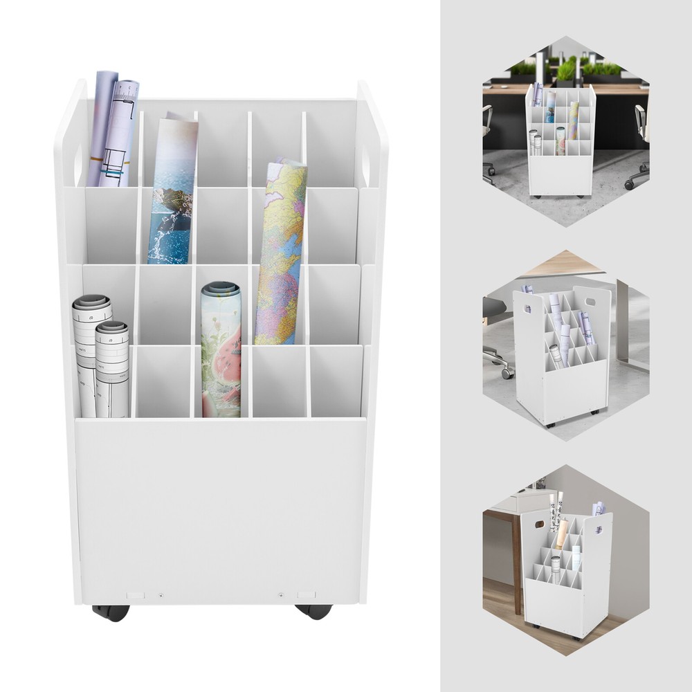 Blueprint Holder 20 Slots Document Storage Cart Rolling File Organizer White