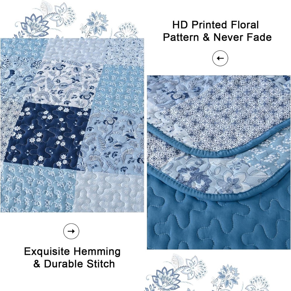 Menghomeus Blue Quilt Set Queen Boho Patchwork Bedspread Floral Queen,