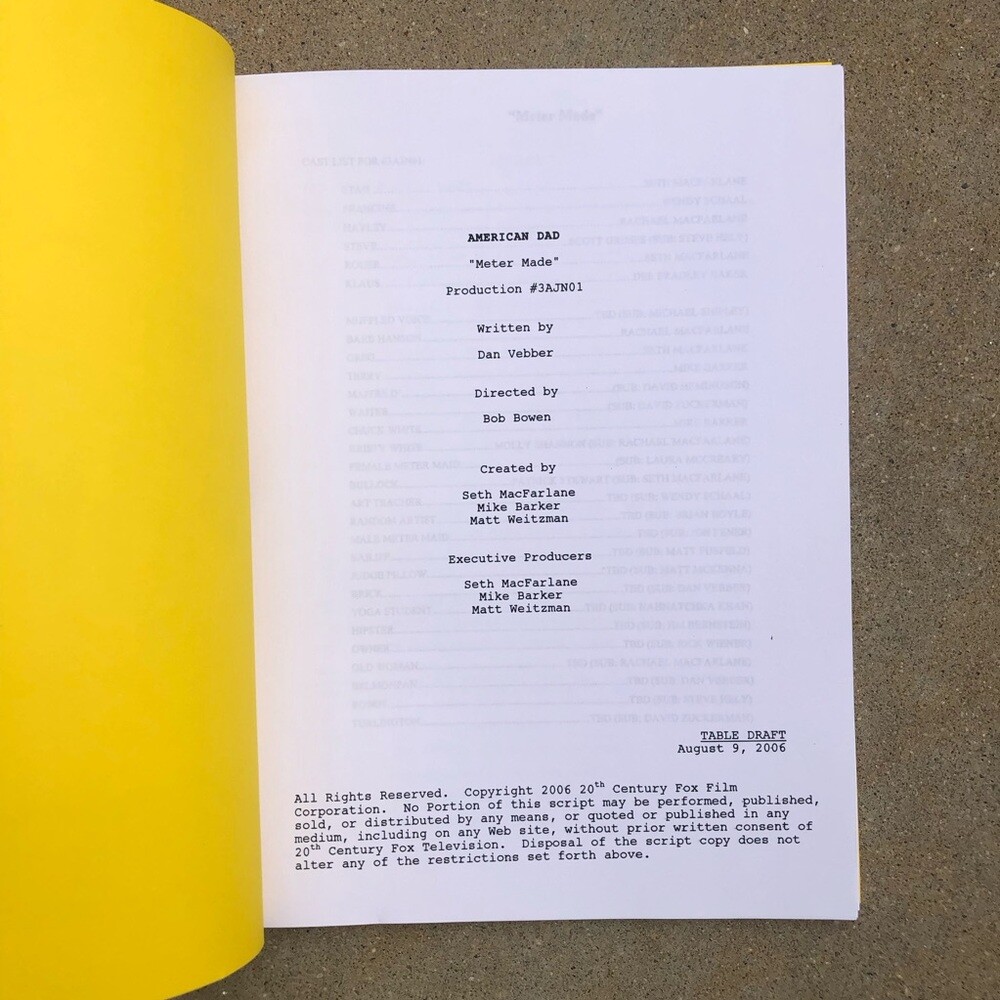 American Dad Scott Grimes Steve Smith Used Meter Maid Episode Table Draft Script