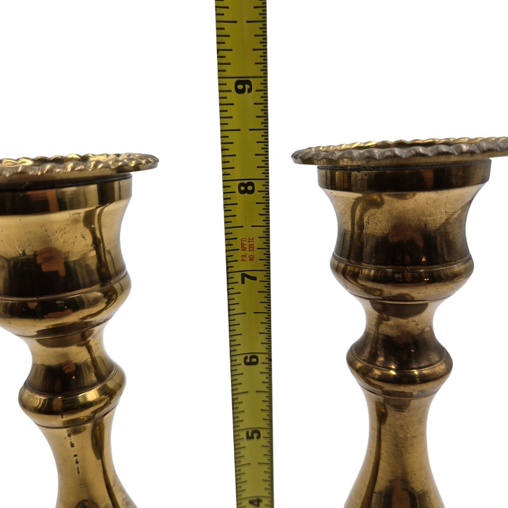 Brass Candlestick Set Oval MCM Traditional Goldtone Lacquered Holder Pair