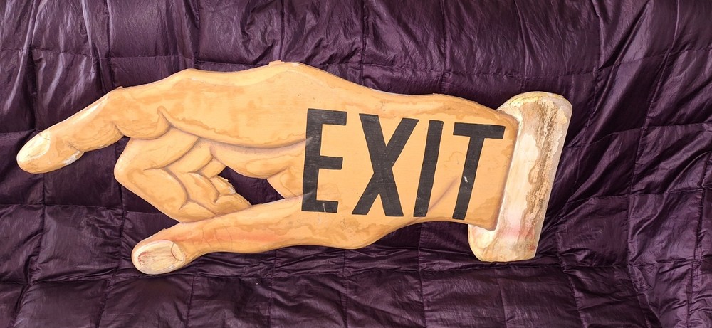 Rare Unique Wood Exit EXIT Finger Pointer SIGN Hand Wall Hanging Cool Estate 31"