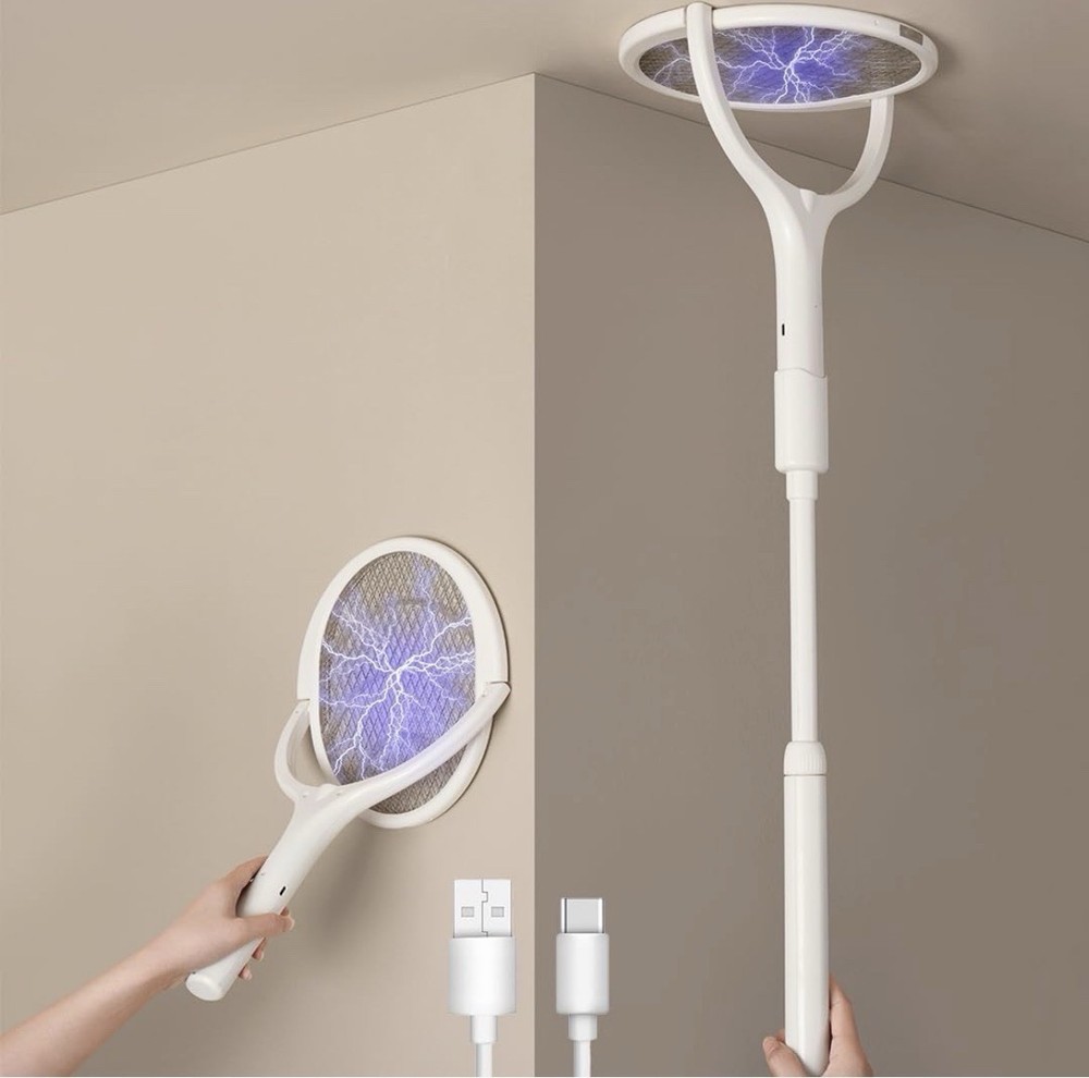 Electric Rechargeable Racket Swatter, Extendable Handle, USB, White, Fly