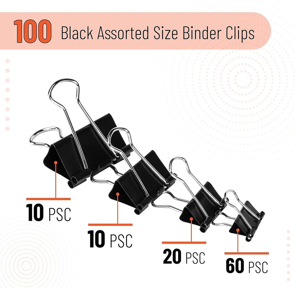Assorted Sizes Binder Clips - 100 Pieces