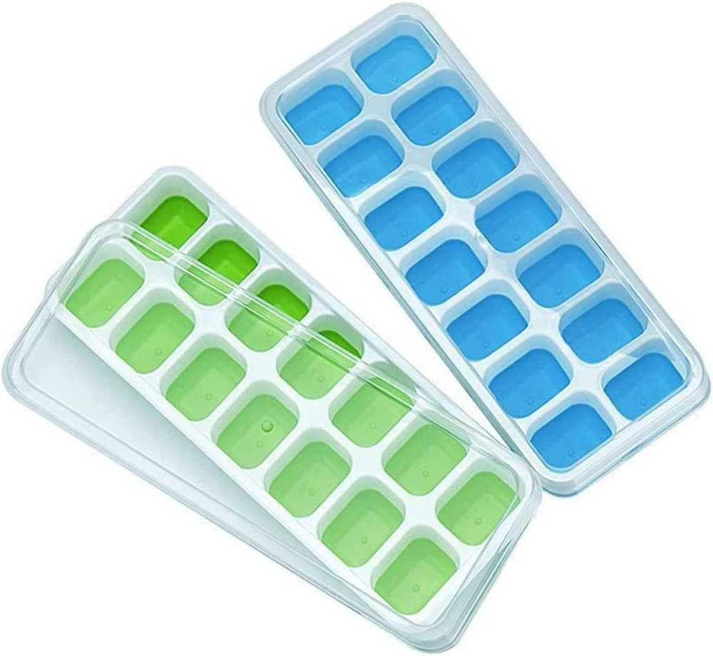 Ice Cube Trays Silicone 2 Pack & Lid Easy Release Stackable BPA Free Durable