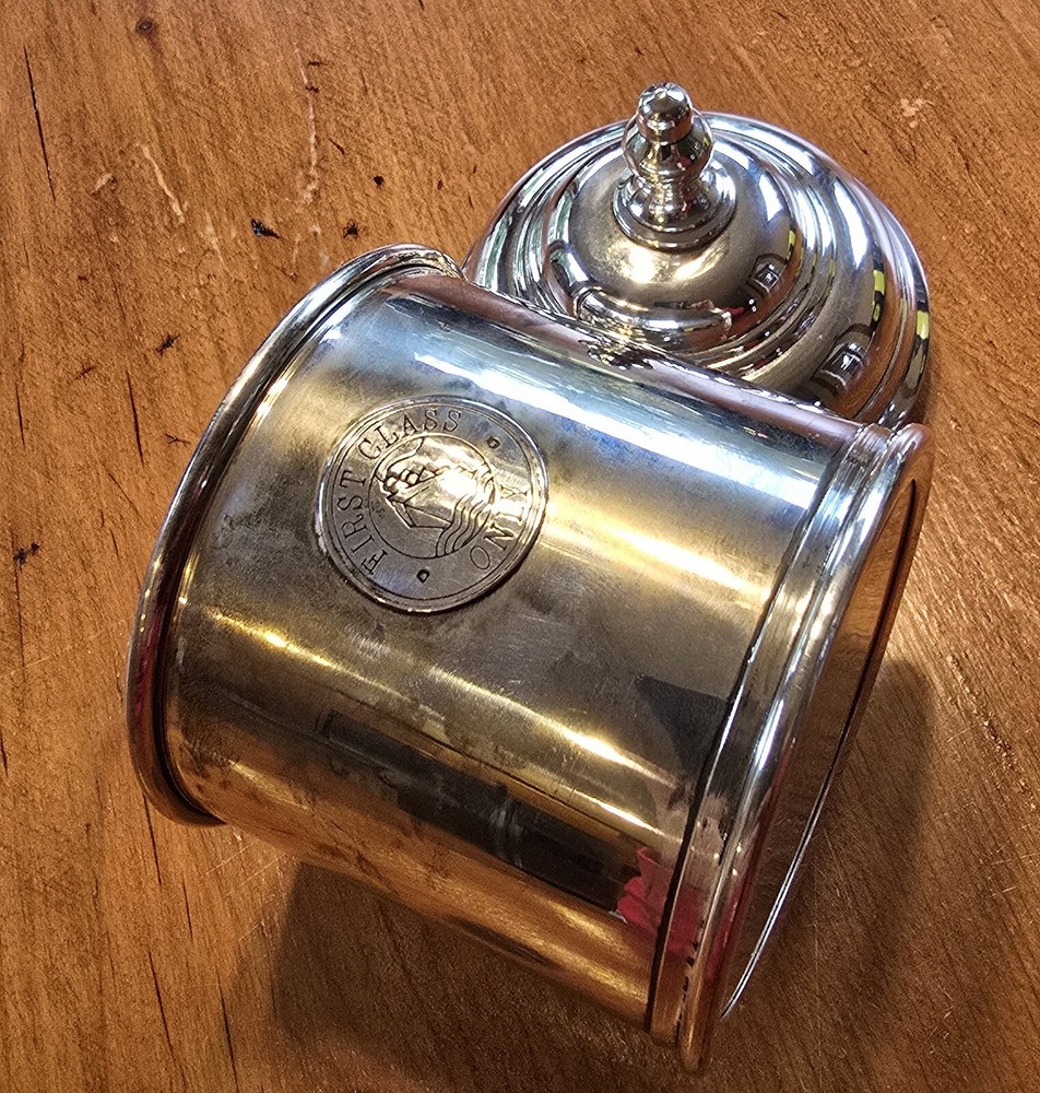 Vintage Silverplate Tea Caddy Steamliner Ship Tableware "First Class Only"