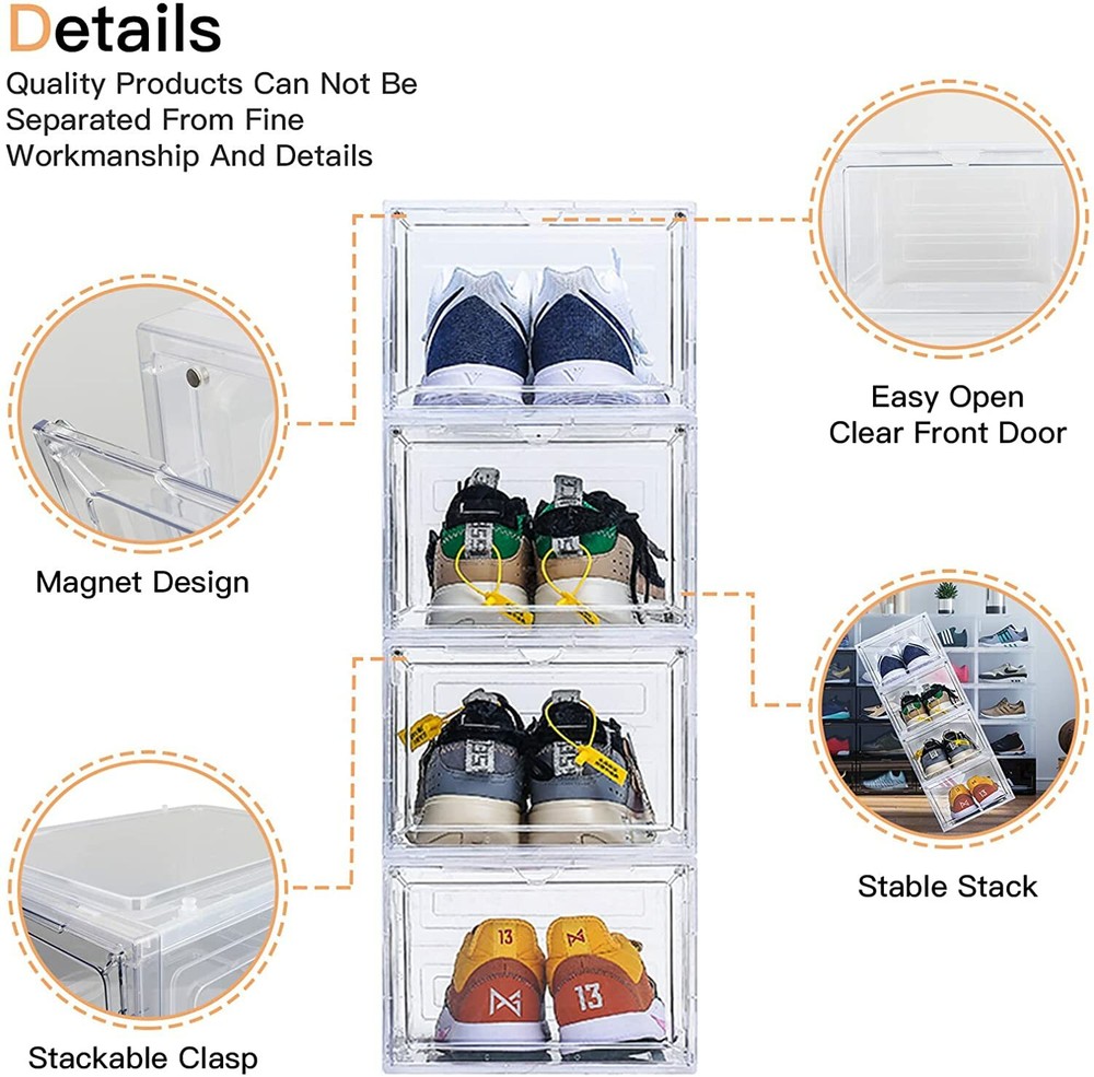 12 Clear Shoe Boxes Magnetic Drop Front Sneaker Rack Storage Organizer Stackable