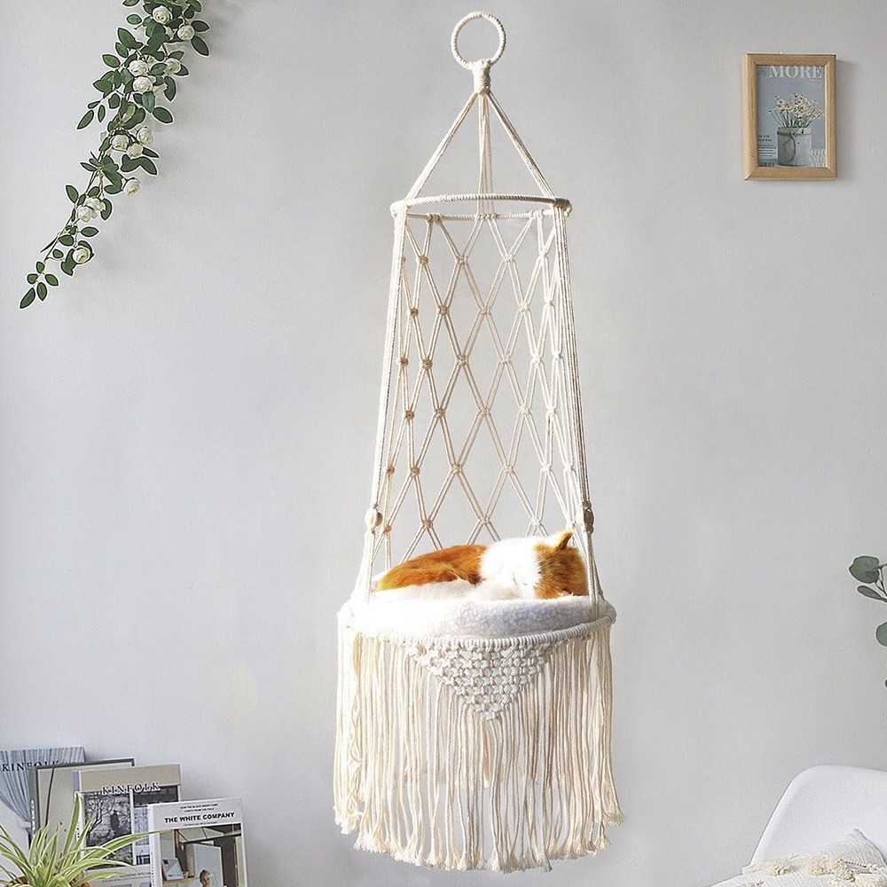 Hanging Macrame Cat Hammock Bed, Hanging Cat Bed with Cushion