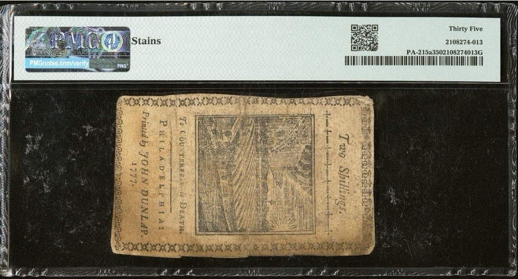 1777 PENNSYLVANIA Colonial Currency American Revolution Bank Note PA-215a PMG 35