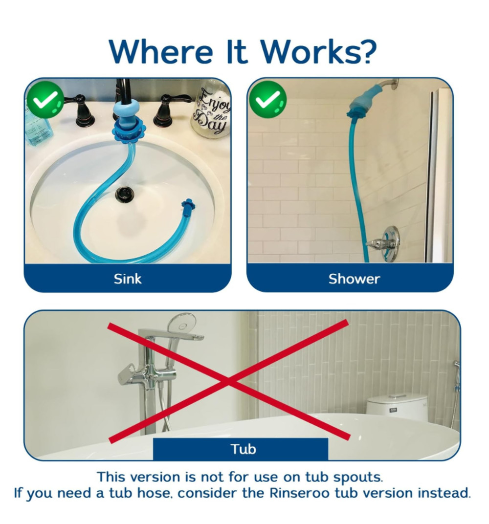 Rinseroo: Slip-on, Handheld Showerhead Attachment Hose for Sink and Shower.