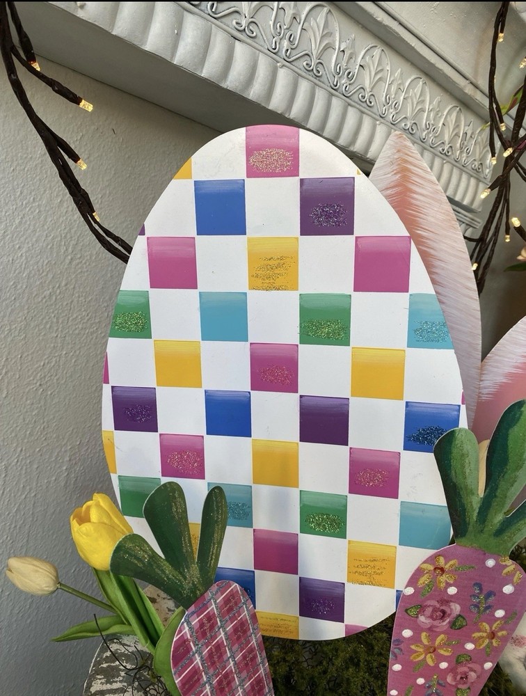 Checkered Pastel Metal Egg Stake Easter Round Top Collection