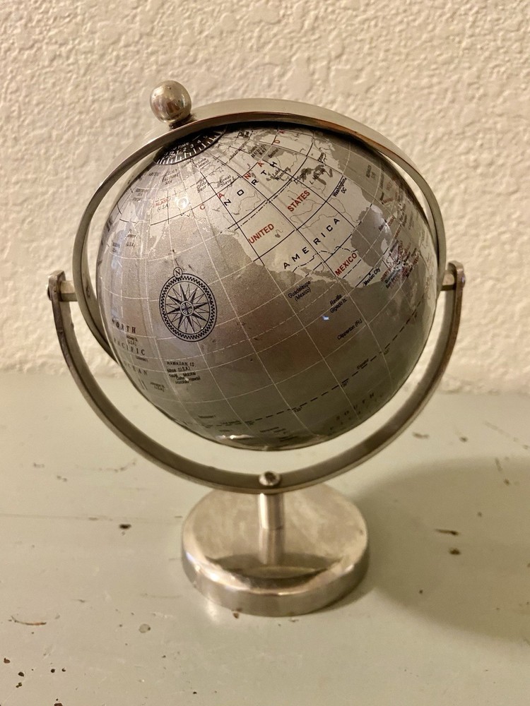 Metal Chrome World Globe Map Rotating Desktop Decor 8” Tall