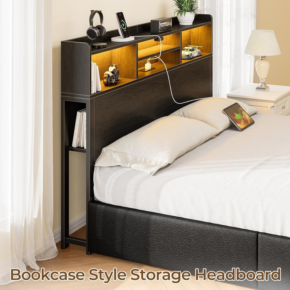 Full Bed Frame with Storage 4 Drawer Platform Bed with USB Charging Built in LED