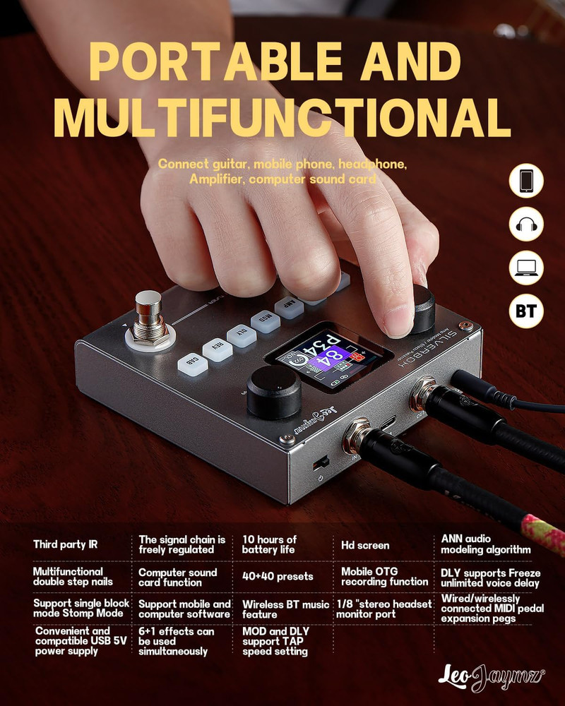 Leo Jaymz Portable Guitar/Bass Multi-Effects Processor 6 Modules 80 Presets