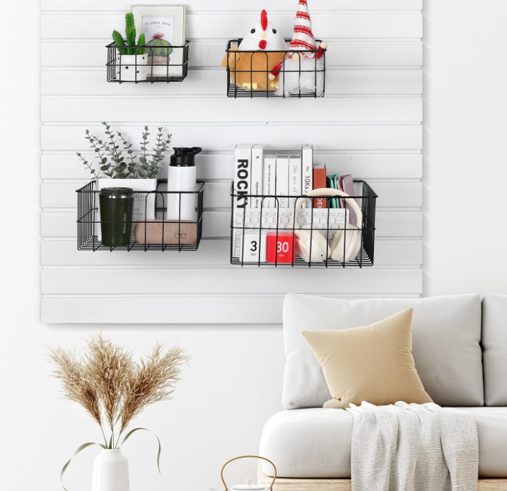 4 PACK! Assorted Heavy Duty Slatwall Baskets, Black Vinyl Coated Steel Storage