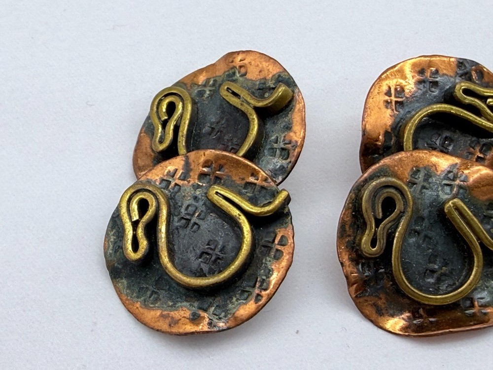 Set 5 Vintage 3/4" Hammered Copper Brass Wirework Buttons Duck Theme Wavy Edge