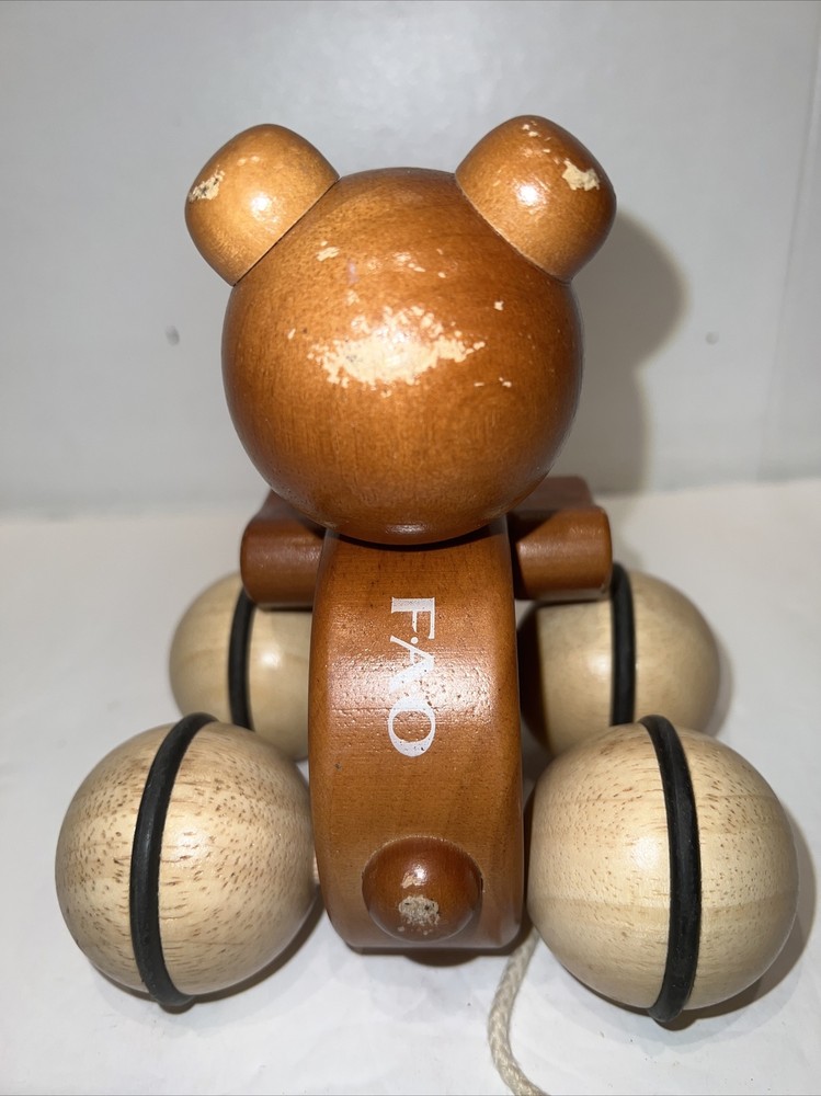 FAO Swartz Teddy Bear Wooden Brown Pull Toy EUC