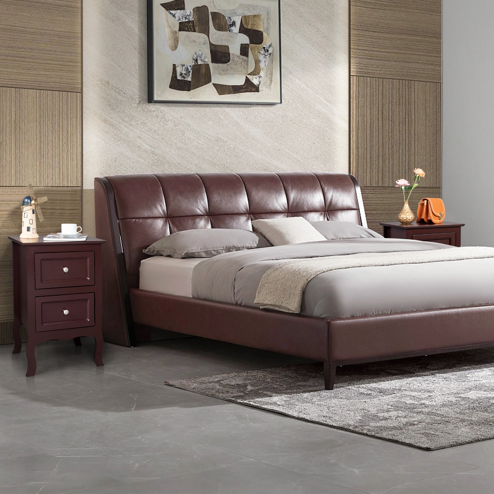 Lot 2 Nightstands Wood Bedside Table End Table w/2 Drawers Bedroom Furniture