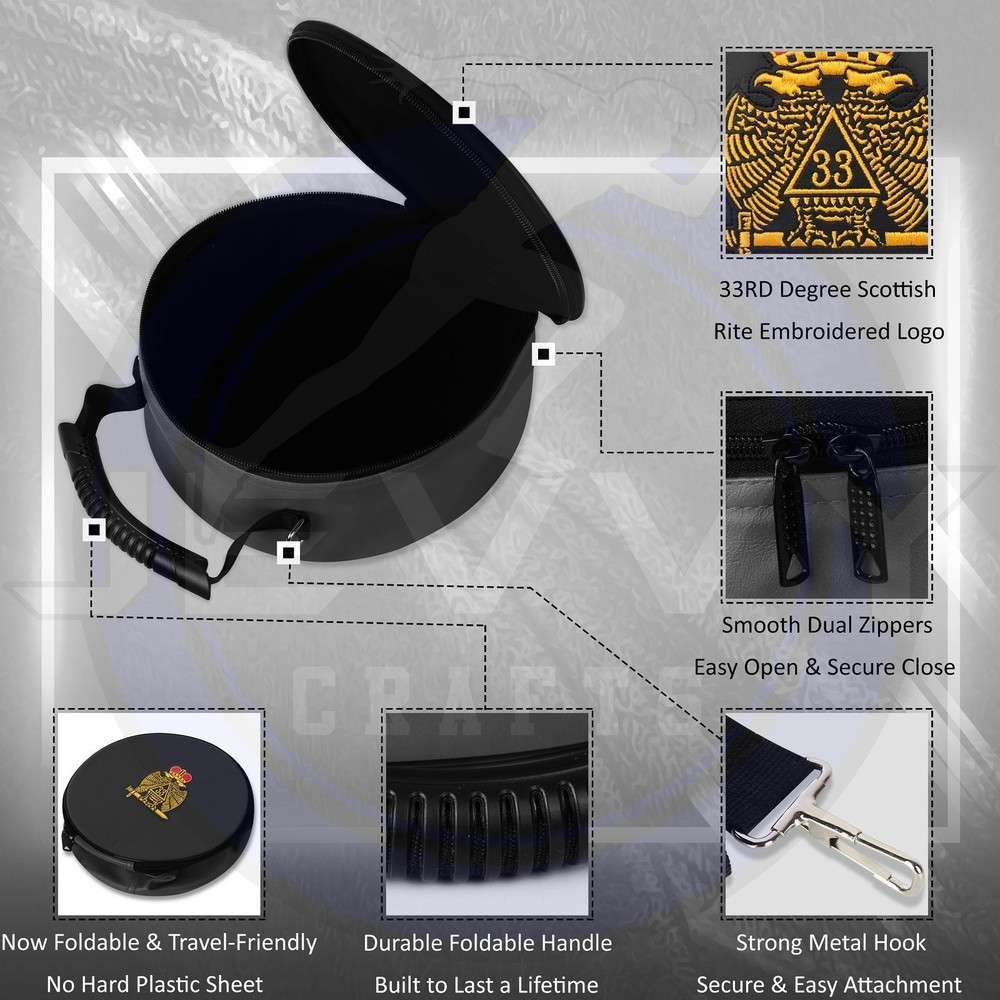Masonic 33rd Degree Scottish Rite Crown Cap Case – Foldable Hat Carrying / Strap