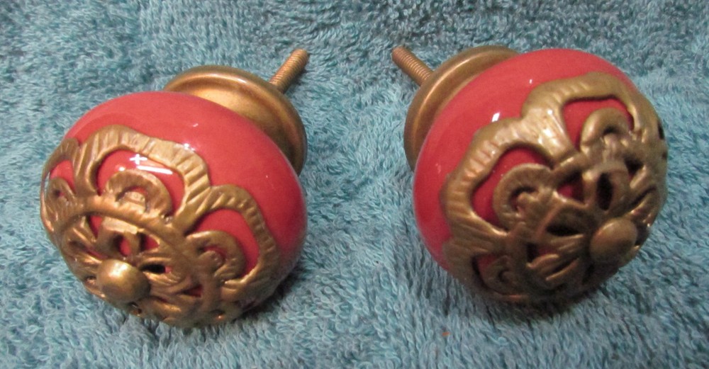 Set of 2 Large RED Round CERAMIC KNOBS with Brass Flower Decorative Drawer Pulls