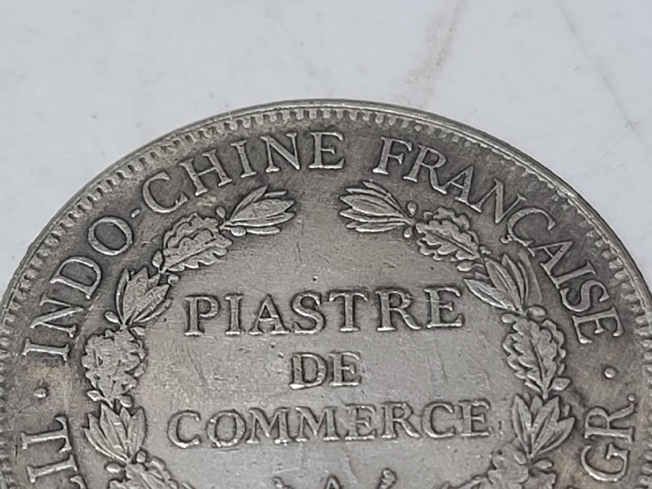 1908-A Silver 1 Piastre Commerce French Indo-China Rare Crown Thaler Sized Coin