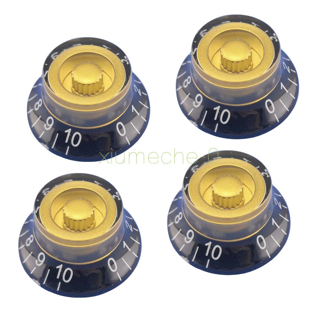 4 X Guitar Bass Bell Top Hat Knobs Speed Control Knobs for Les Paul Black w/Gold