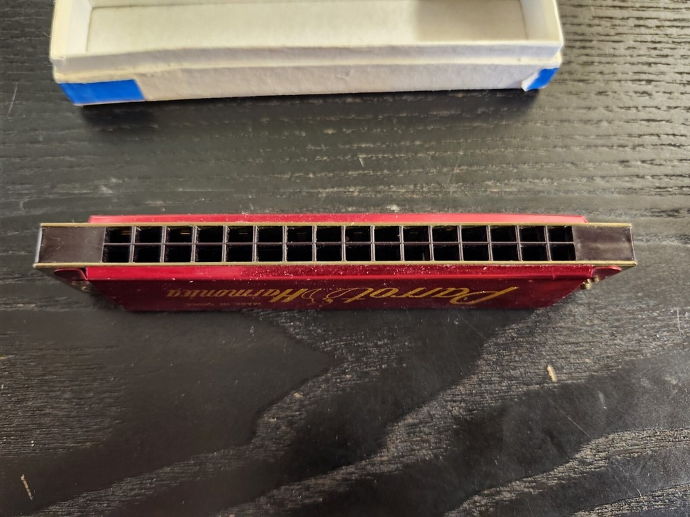 Vintage Parrot 16 Hole Red Harmonica with Box
