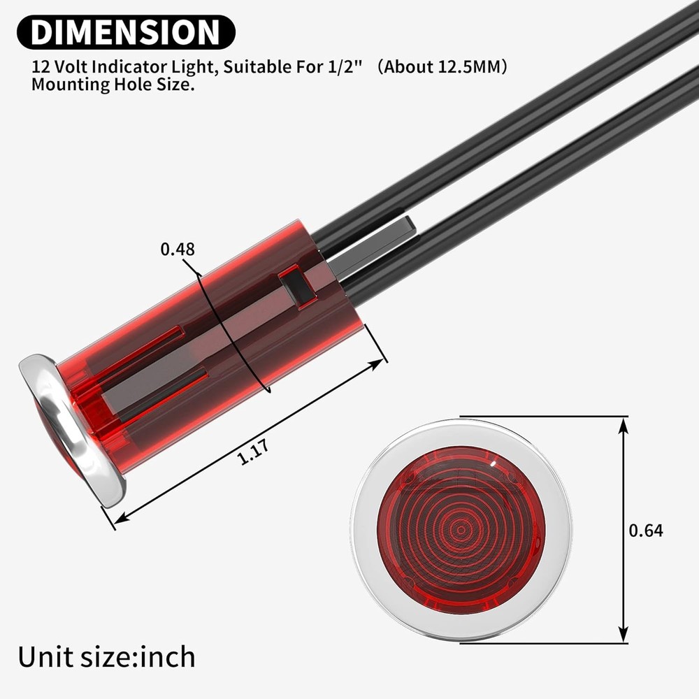 Indicator Light 12V Red Snap-in 1/2" Panel Mount LED Indicator Light 12 Volt ...