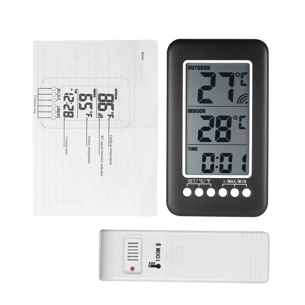 Indoor Outdoor Digital Thermometer Clock Temperature Meter Wireless Transmitter