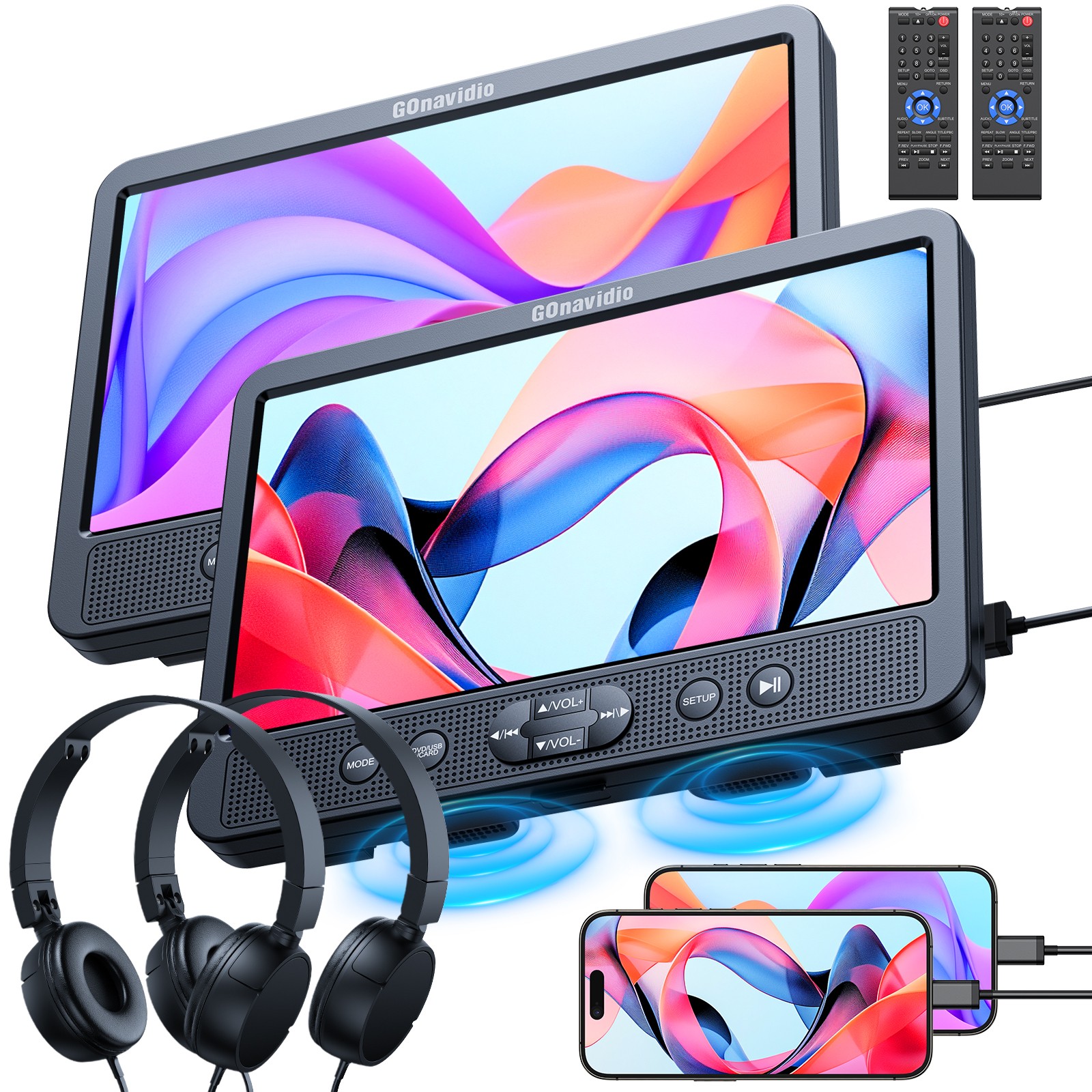 2X10.5" Full HD Car Headrest Portable DVD Player USB SD HDMI Monitor W/ Headsets