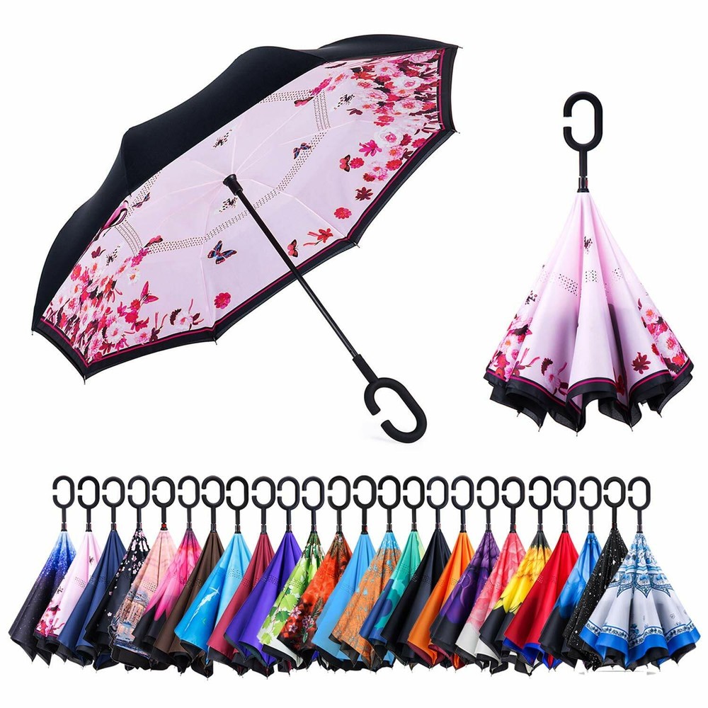 C-Handle Inverted Reverse Umbrella, Flower/City/Unicorn, Inside-out, Upside-down