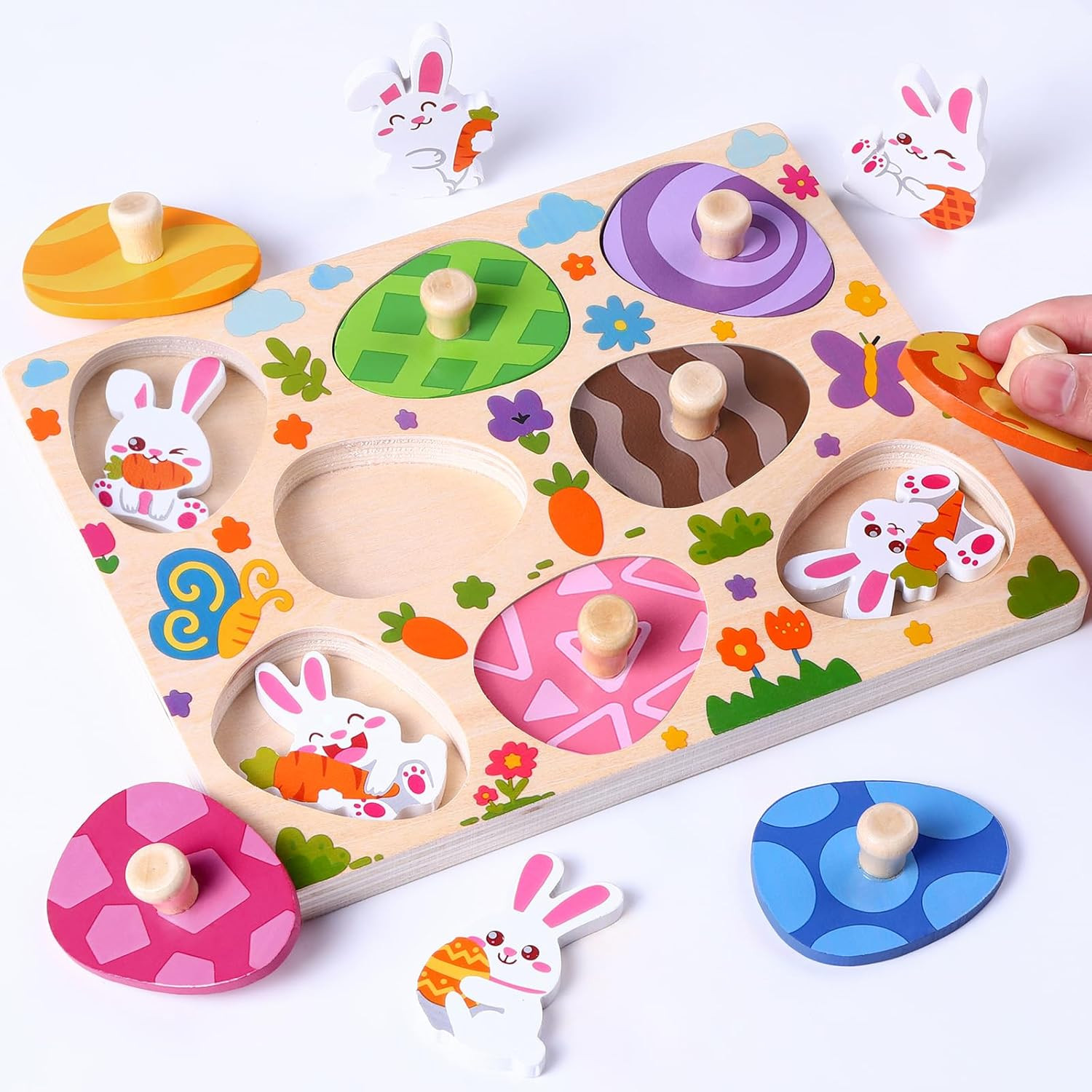 Easter Wooden Pegged Puzzles 8Pcs Bunny Matching Egg Puzzles Easter Montessori T