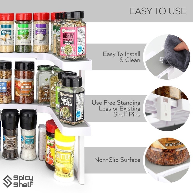 Stackable Shelf Organizer Adjustable 2 Tier Non Slip Spice Storage Holds 64 Jars