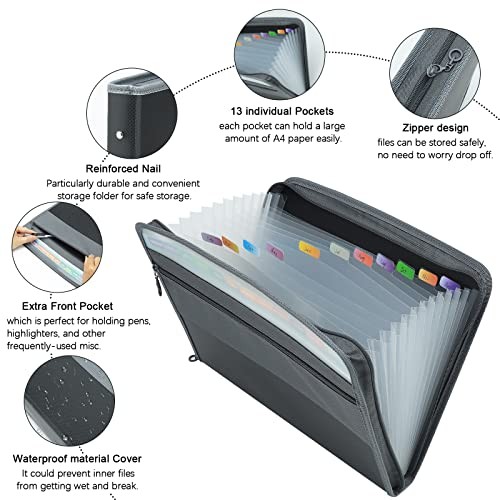 Expanding File Folder, 13 Pockets Document Organizer with Zipper, A4 Black
