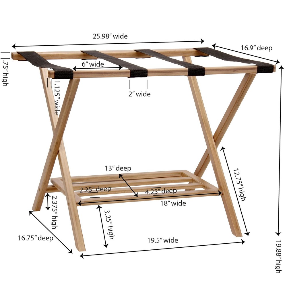 Fully Assembled Folding Luggage Rack with Lower Storage Shelf | Bamboo Frame ...