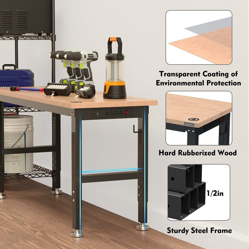 WORKPRO 60" Adjustable Workbench w/2 Pack Metal Pegboard Rubber Wood Workstation