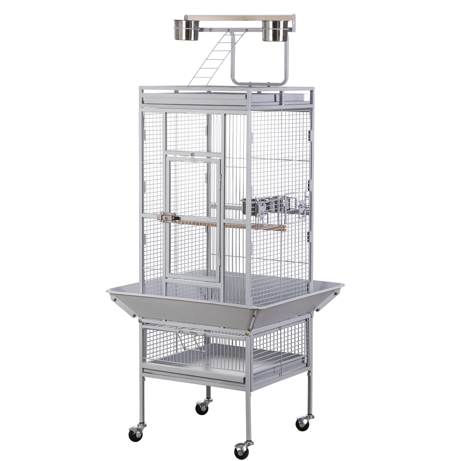 61" Wrought Iron Parrot Bird Cage Playtop w/ Rolling Stand for Cockatiels White