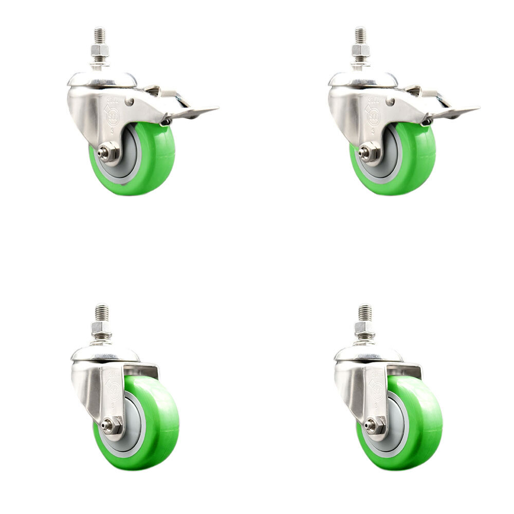 3.5 Inch 316SS Green Polyurethane ½ Inch Threaded Stem Caster Set 2 Lock Brake