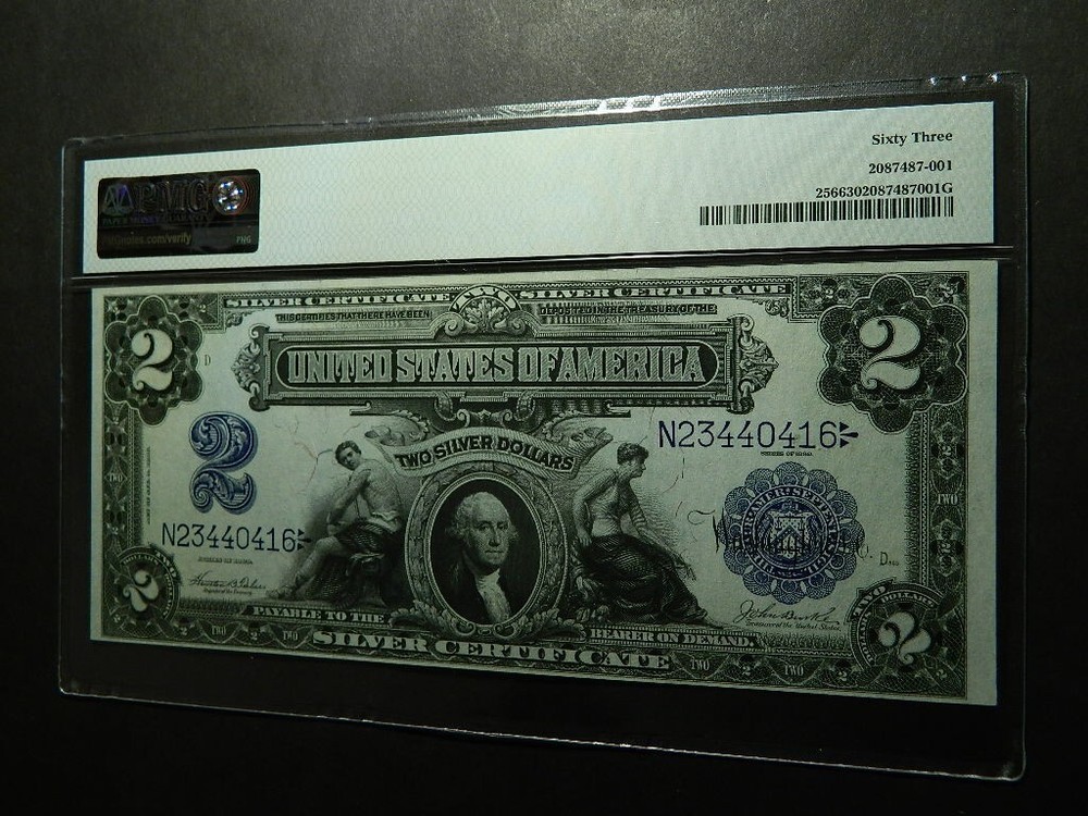FR-256 1899 $2.00 SILVER CERTIFICATE PMG 63, Minor Misalignment Error