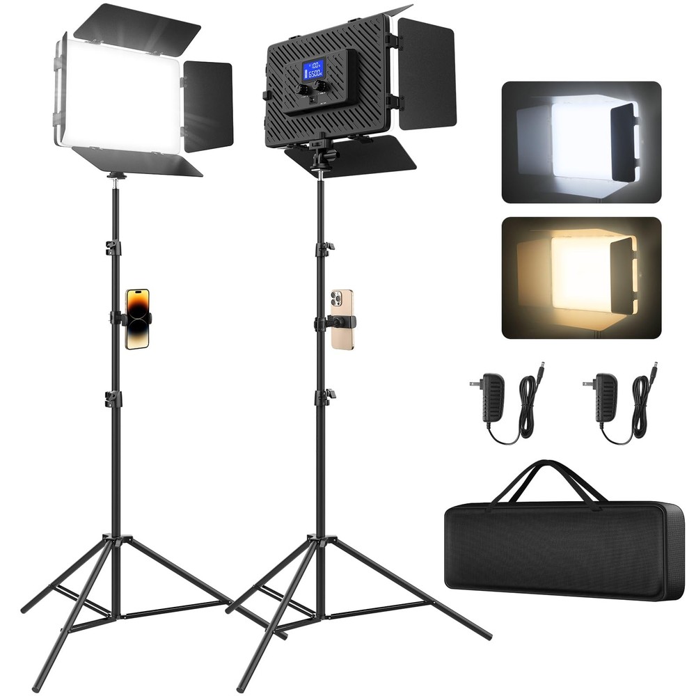 2 Pack Led Video Light Panel Light with Barndoor, 8000mAh Rechargeable Camera...