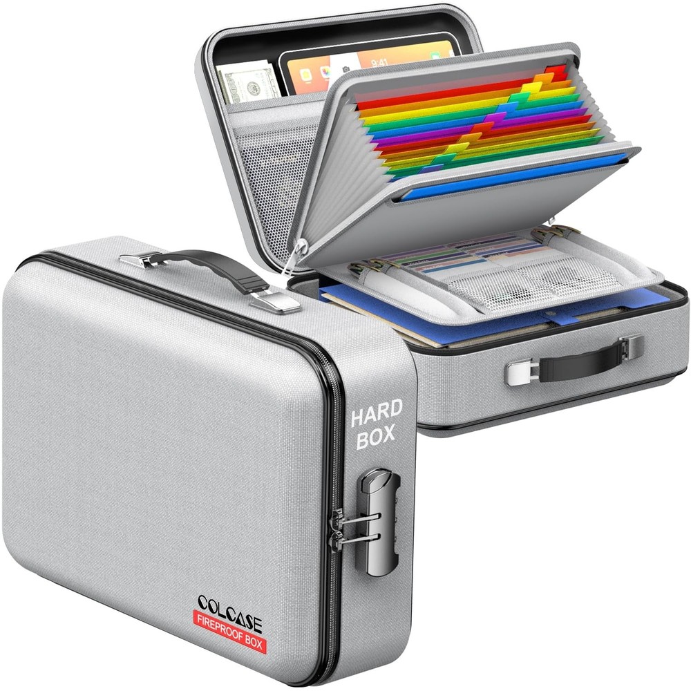 COLCASE Fireproof Document Box, Hard Case 15 x 11 x 5 inches, Gray