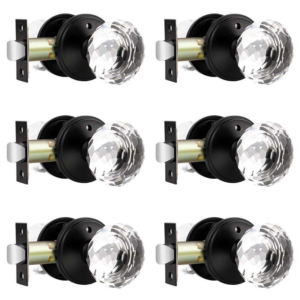 6 Pack Crystal Door Knobs Interior, Elegant Matte Black Glass Door Knobs, Key...