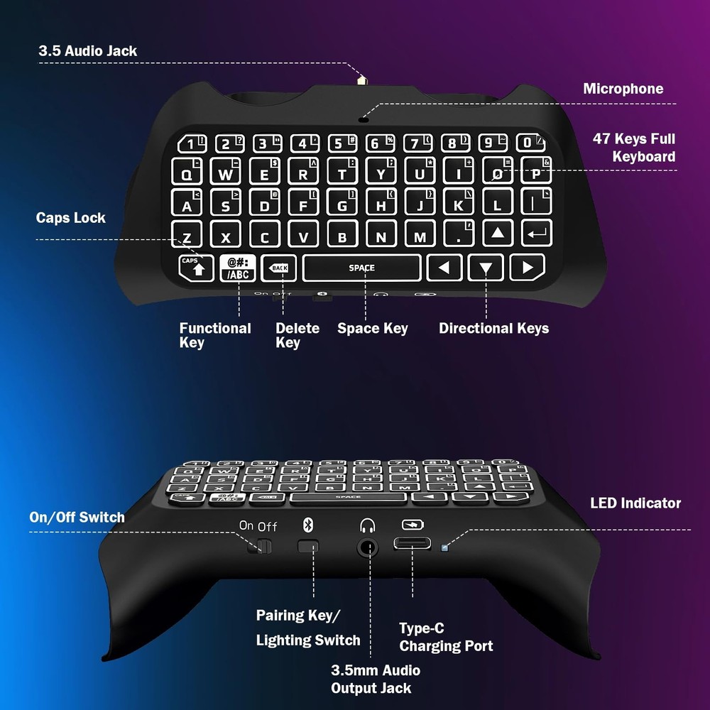 RGB Backlight Keyboard for PS5 Controller, Wireless Bluetooth Keypad Chatpad ...