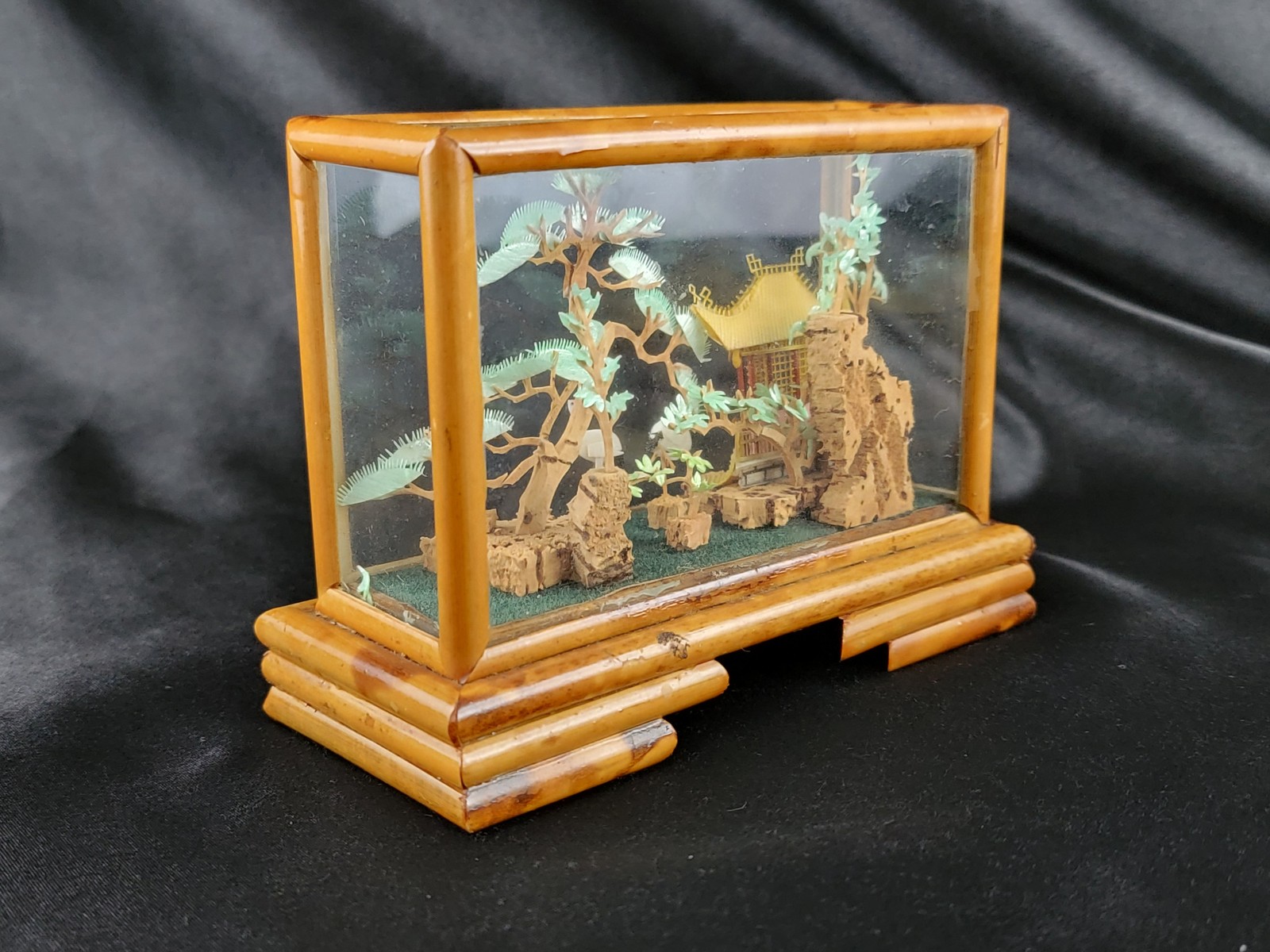 3D Carved Sculpture China Japan Pagoda Bonsai Tree Storks Cranes Vintage