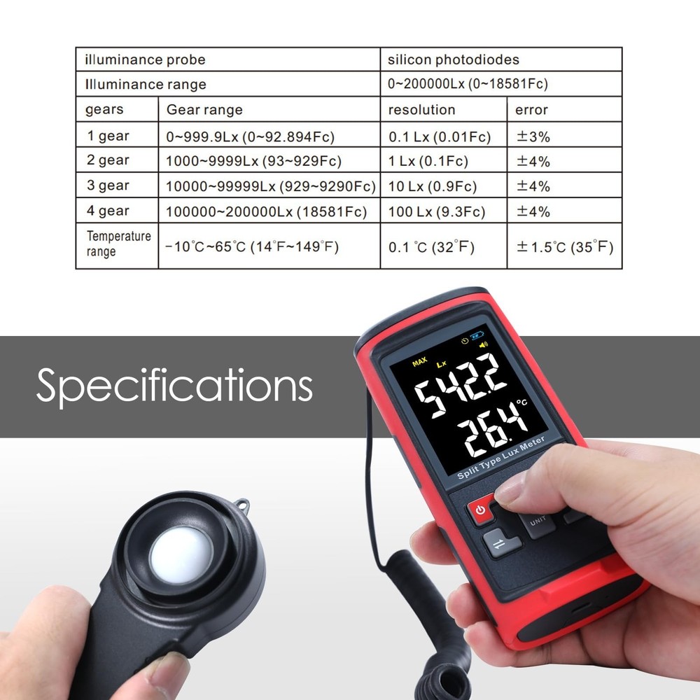 Light Meter Digital Illuminance Meter with Ambient Temperature Measuring and ...