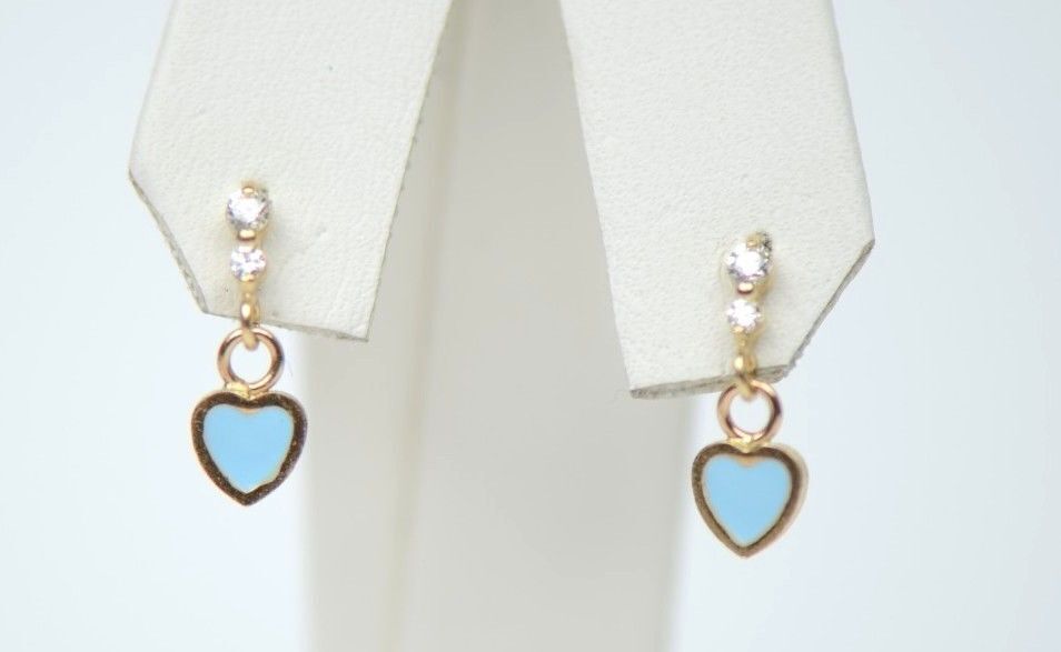 14K Solid Yellow Gold Enamel Heart Shape Dangle Stud Earring