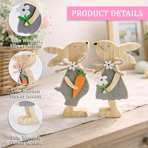 Set 2, Easter Rabbit Decor, Easter Decorations for the Home, Wood, White, Grey