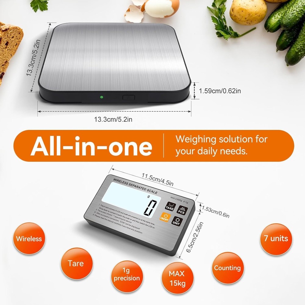 33 lb Wireless Digital Kitchen Scale - Precision With 7 Units, Tare Function