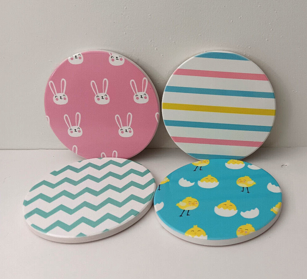 4 Ceramic Easter Spring Coasters Cork Bottom Chicks Bunnies Pink Blue Stripes