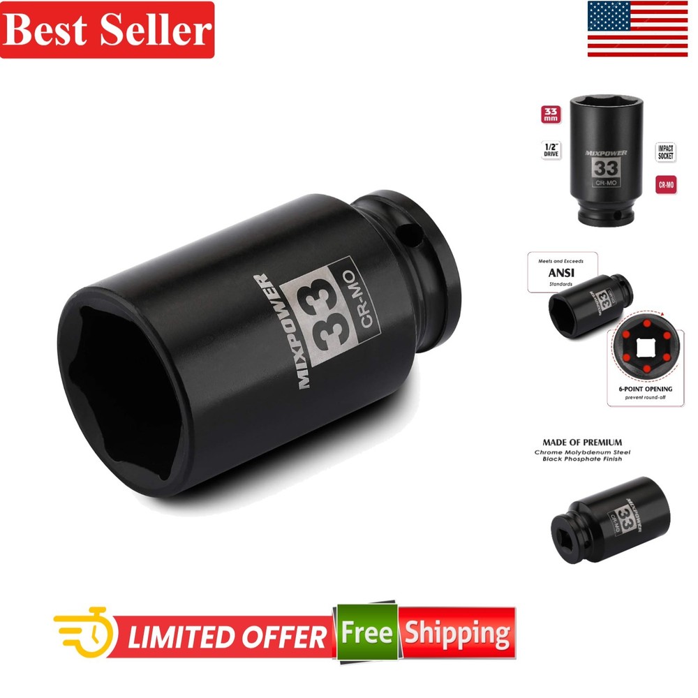 Durable 1/2" Drive 33mm Deep Impact Socket - 6-Point Design for High Torque